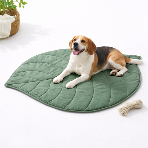 Beagle resting on a soft cooling mat in a bright indoor studio setting
